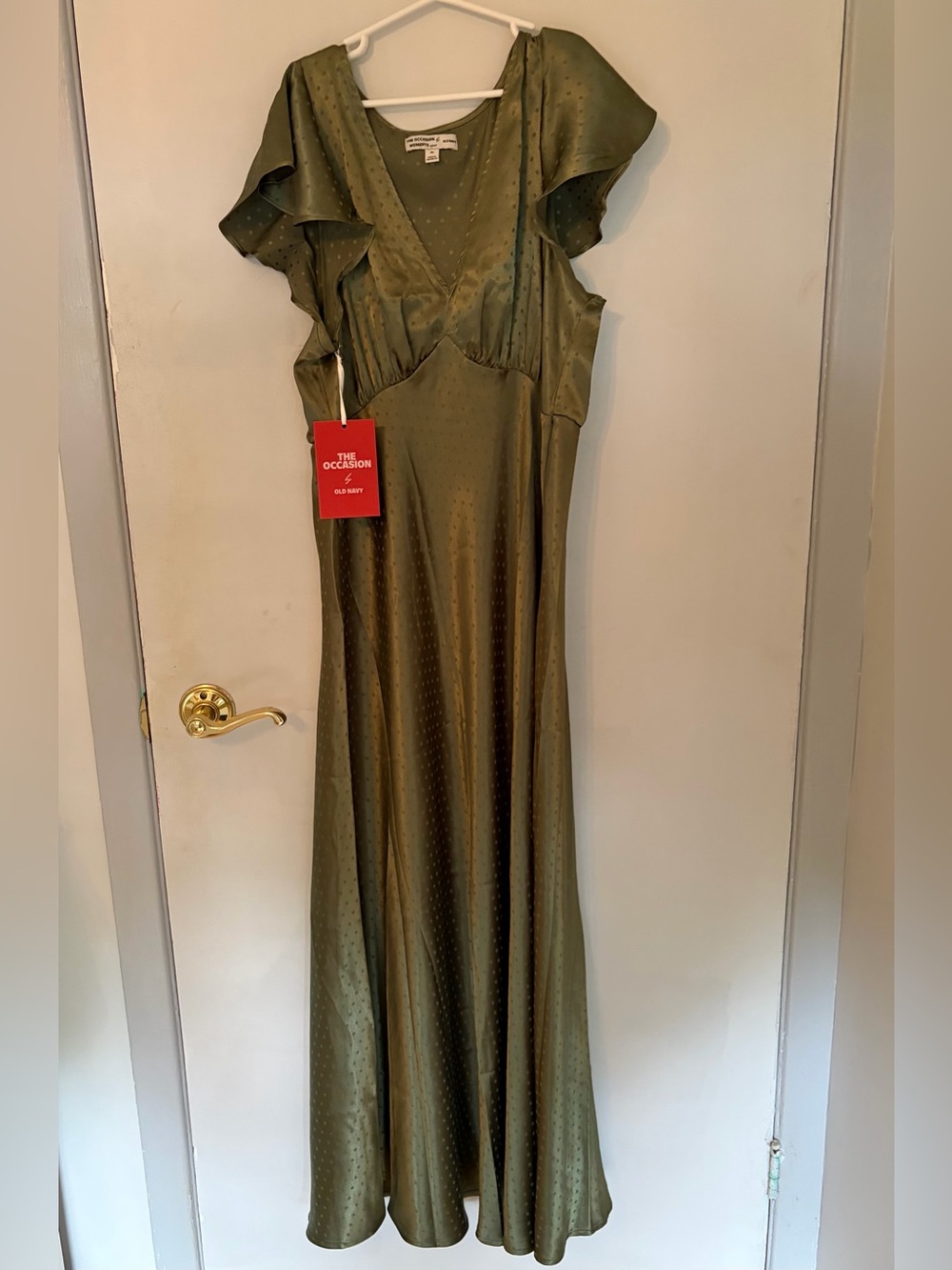 Old Navy Olive Green Satin V-Neck Flutter Sleeve Maxi Dress Size Medium